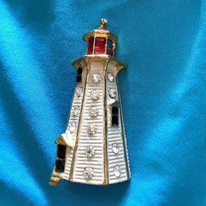 Gold Tone White Rhinestone Enamel Lighthouse Red Light Pin Brooch 1980s...139